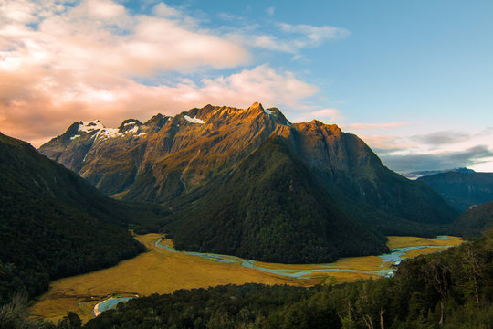 Southern Alps mystic light over the mountains, sunset on Routeburn Track Great Walk Mt Aspiring National Park