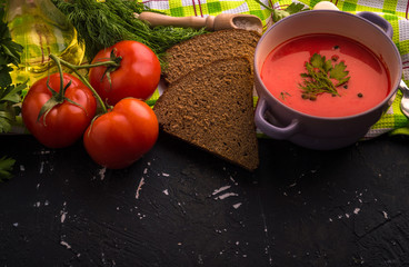 Tomato soup on the table. Preparation of tomato soup