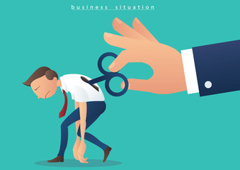 hand turning winder on businessman, businessman with a wind up key on his back illustration vector