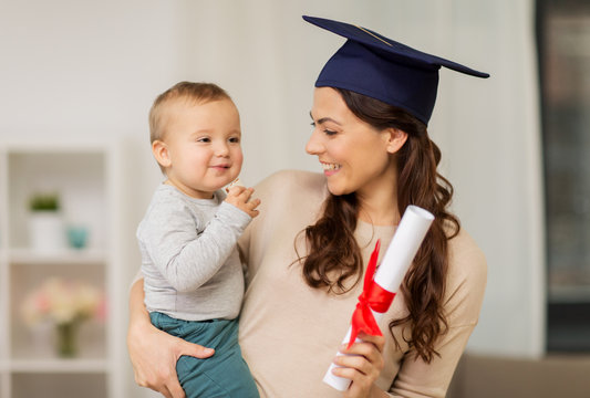 mother student with baby boy and diploma at home