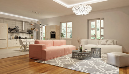 Interior of living room with a kitchen in scandinavian style