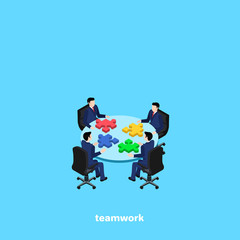 business people share the puzzle lying on the table, the image is isometric style