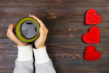Valentines day composition with coffee cup and heart of red velvet. Top view. Copy space