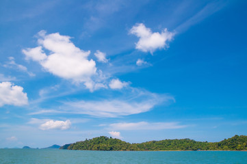 Beautiful clear sea with rock, white sand and fresh tree island with blue sky for rest and relax.