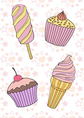 Vector illustration of hand-drawn ice cream, cakes, on the background of seamless pattern