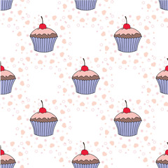 Vector cupcake illustration. Set of hand drawn cupcakes. Doodle cakes with cream and berries.