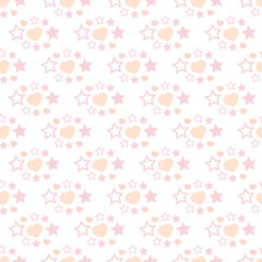 Vector illustration of seamless pattern hearts and stars in soft pink tones