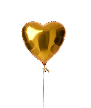 Single Big Gold Heart Metallic Balloon For Birthday Party Isolated