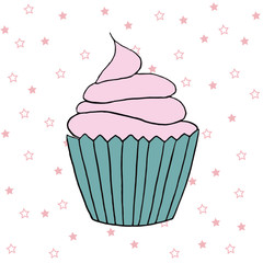 Vector cupcake illustration. Set of hand drawn cupcakes. Doodle cakes with cream and berries.