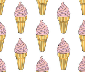 Cute hand drawn with different types of ice cream. Doodle texture with sweet desserts. Perfect background for cafe or restaurant menu.