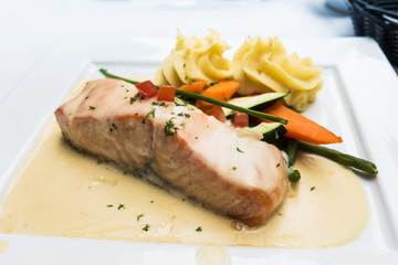 Grilled Salmon with fresh lettuce and mash potatoes