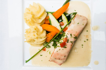 Grilled Salmon with fresh lettuce and mash potatoes