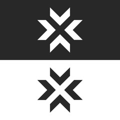 Converge arrows logo mockup, letter X shape black and white graphic concept, intersection 4 directions in center crossroad creative resize icon
