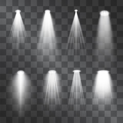 Silver light projector beams set. Glowing stage illumination isolated on  transparent background.  Show scene soffits to focus attention. Performance soffits for banners, posters. - obrazy, fototapety, plakaty