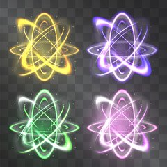 Glowing nucleus swirl set, light energy vector effect, abstract atom neon circles . Luminous pulsing rings on transparent background.  Molecular construction. Round motion fire meditative shapes. © Manon Labe