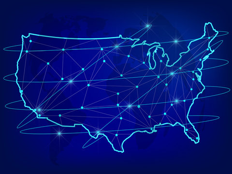 Global logistics network concept. Communications network map of the USA on the world background. USA map with nodes in polygonal style. Vector illustration EPS10. 