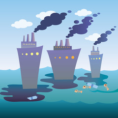 Ecological disaster at sea. A flat vector icon for the designer's work. Icon with ships