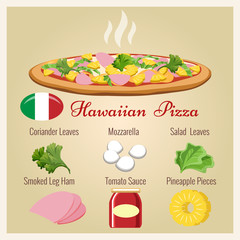 Hawaiian pizza. Italian pastry cooked pizza with pineapple and cheese, ham and coriander leaves vector illustration