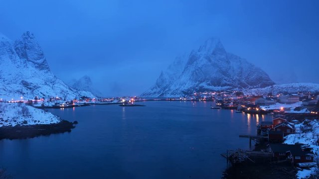 timelapse, snow in Reine Village, Lofoten Islands, Norway