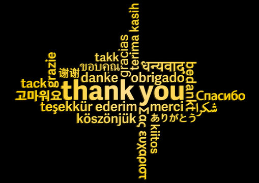 thank you word cloud in different languages on black background