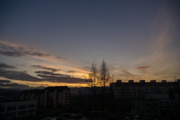 Sunrise and sunset over the buildings in the city. Slovakia	