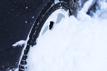 concept - close-up of a car wheel in the snow