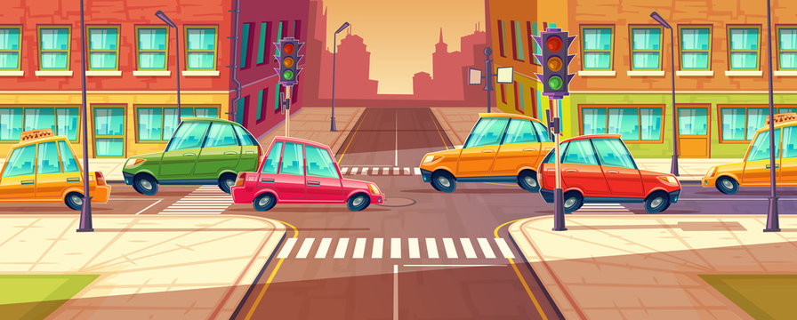 Vector city crossroads, traffic jam, transport moving, vehicles navigation. Urban highway, crosswalk with traffic lights. Cartoon illustration