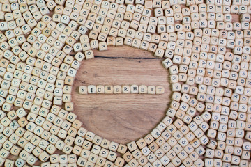 Sicherheit, German text for security, word in letters on cube dices on table