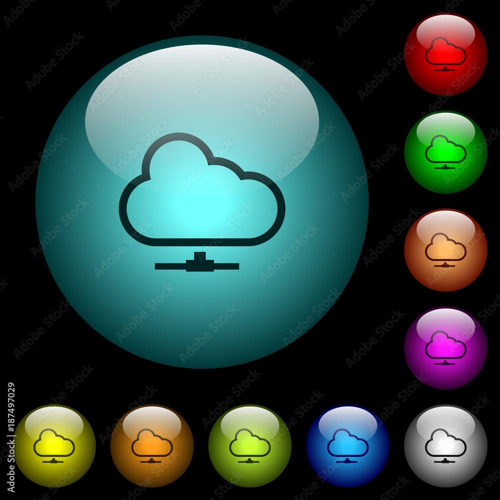 Aufkleber cloud network icons in color illuminated glass buttons