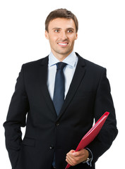 Businessman with red folder, isolated