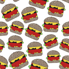 Seamless vector pattern with burgers. Doodle, fast food.