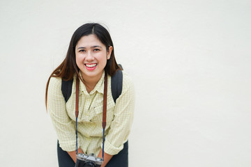 close up asian woman wanderlust smiling with happy feeling on white wall background , people with isolated path