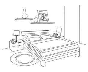 Vector illustration of hotel or studio, bed and wardrobe, shelves. Bedroom outline set.