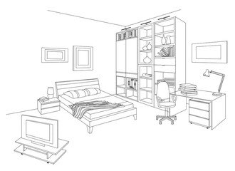 Vector illustration of hotel or studio, bed and wardrobe, shelves und writing desk. Home outline set.