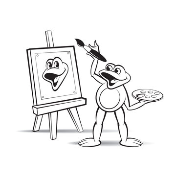 black outline happy vector frog artist or painter drawing self portrait