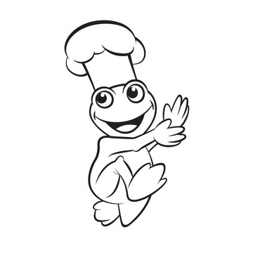black outline frog cartoon chef or cook walking and clapping happily  