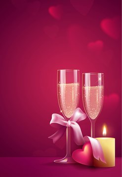Two glasses of champagne with burning candle on pink background. Beautiful romantic background with place for text for Valentines day. Vetor illustration