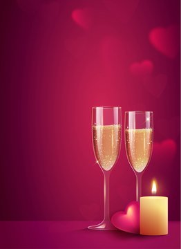 Two glasses of champagne with burning candle on pink background. Beautiful romantic background with place for text for Valentines day. Vetor illustration