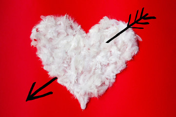  Valentine's heart with feathers on a red background