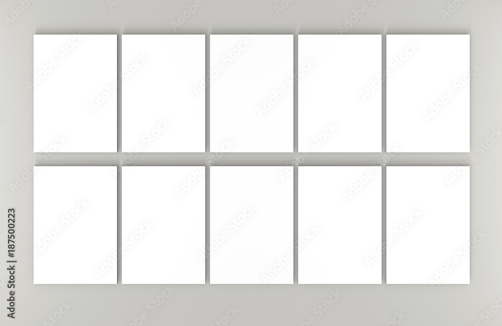 Poster ten white a4 paper sheets on gray background. high resolution 3d render. personal branding mockup te