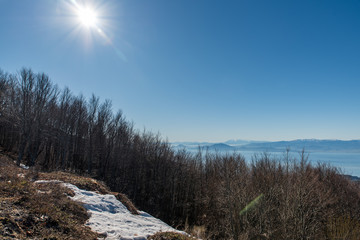 Chania of Pelion ski center with a little amount of snow on a sunny day