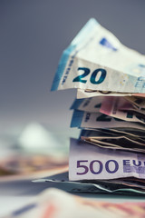 Euro money euro banknotes euro currency. Lying loose euro banknotes - obrazy, fototapety, plakaty