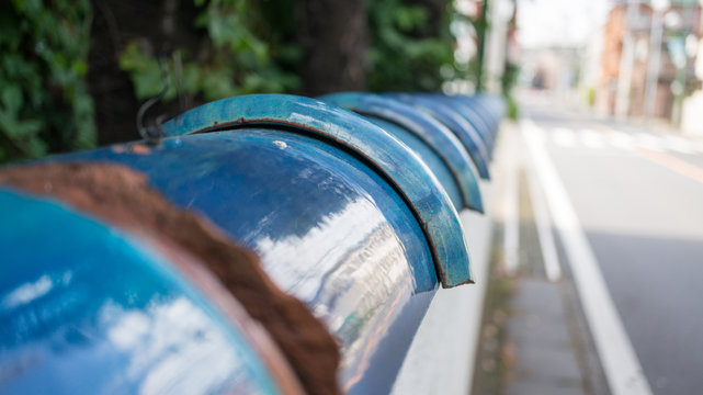 blue tiled railing