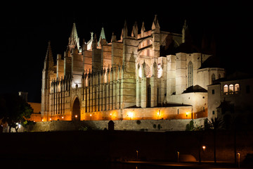 Night view of Palma de Mallorca Cathedral, La Seu, from Parc de la Mar. Palma, Majorca, Spain