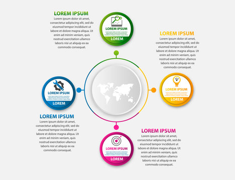 Modern vector illustration 3d. Template of a circular infographics with four elements, circles. Contains icons and map. Designed for business, presentations, web design, diagrams with 4 steps