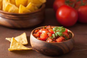 mexican salsa dip and nachos tortilla chips
