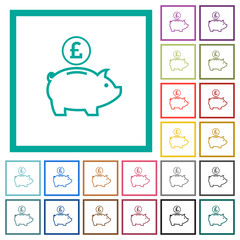 Pound piggy bank flat color icons with quadrant frames