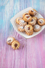 Tasty different cakes set on a color gradient background