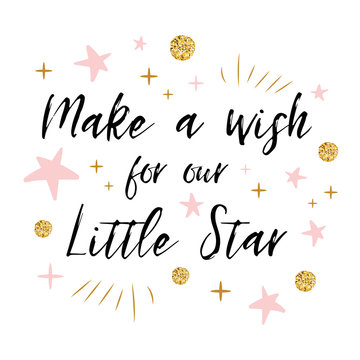 Make a wish for our Little Star text with gold polka dot and pink star for girl baby shower card template
