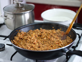 Minced meat in the frying pan